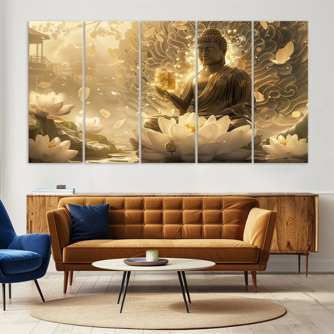 A framed Golden Buddha wall art, featuring the serene Yoga Room and Meditation Room Decor theme, exudes spiritual tranquility in a contemporary meditation room.