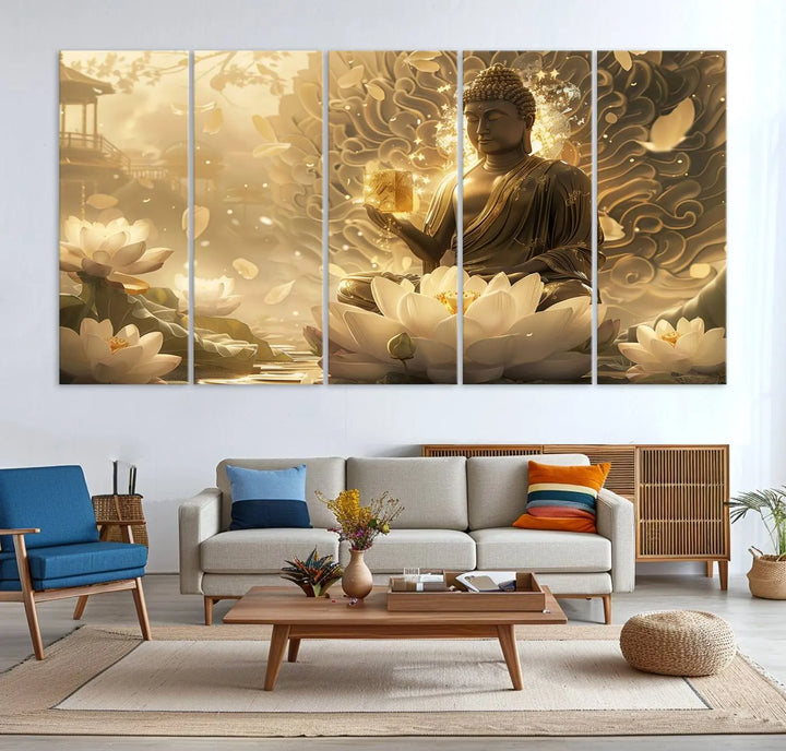 A framed Golden Buddha wall art, featuring the serene Yoga Room and Meditation Room Decor theme, exudes spiritual tranquility in a contemporary meditation room.