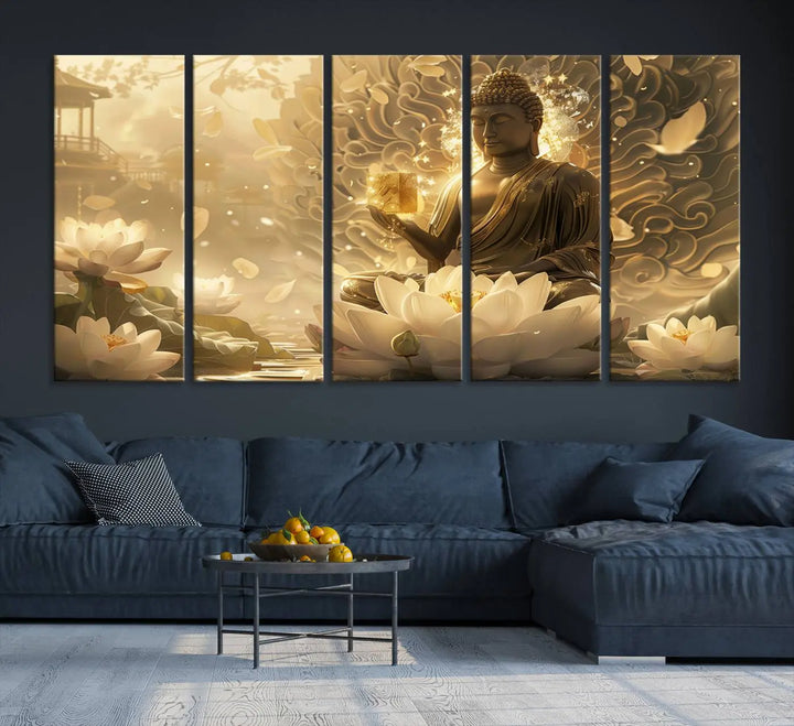 A framed Golden Buddha wall art, featuring the serene Yoga Room and Meditation Room Decor theme, exudes spiritual tranquility in a contemporary meditation room.