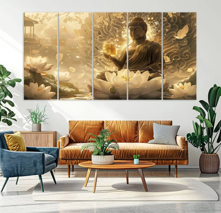 A framed Golden Buddha wall art, featuring the serene Yoga Room and Meditation Room Decor theme, exudes spiritual tranquility in a contemporary meditation room.