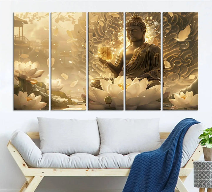 A framed Golden Buddha wall art, featuring the serene Yoga Room and Meditation Room Decor theme, exudes spiritual tranquility in a contemporary meditation room.