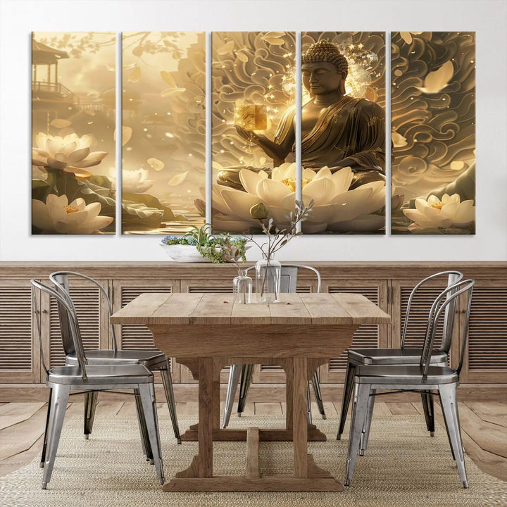 A framed Golden Buddha wall art, featuring the serene Yoga Room and Meditation Room Decor theme, exudes spiritual tranquility in a contemporary meditation room.