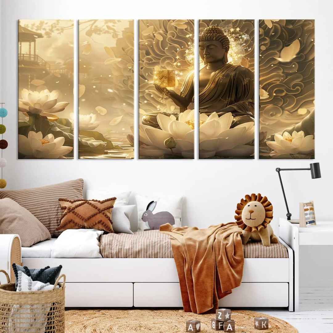 A framed Golden Buddha wall art, featuring the serene Yoga Room and Meditation Room Decor theme, exudes spiritual tranquility in a contemporary meditation room.