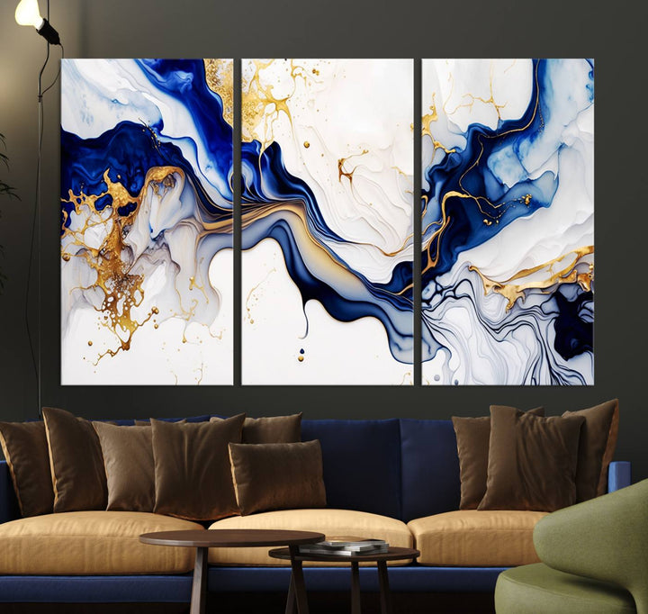 Golden Cascades on Midnight Blue – Deep Blue Abstract Wall Art Flowing Elegance | Wall Art Canvas, Framed & Ready to Hang