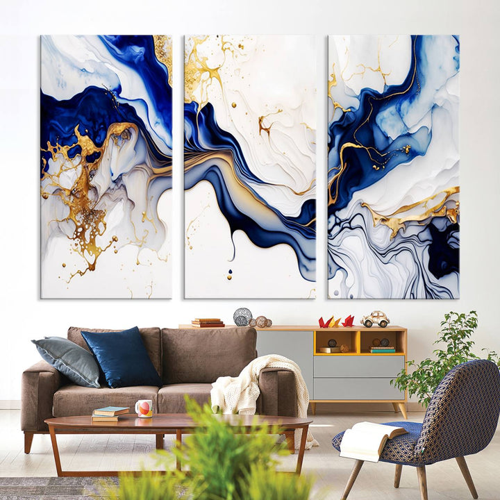 Golden Cascades on Midnight Blue – Deep Blue Abstract Wall Art Flowing Elegance | Wall Art Canvas, Framed & Ready to Hang