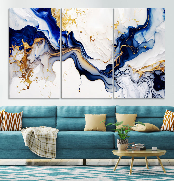 Golden Cascades on Midnight Blue – Deep Blue Abstract Wall Art Flowing Elegance | Wall Art Canvas, Framed & Ready to Hang