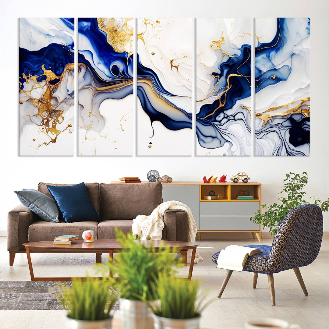 93392-MGV-CV-36X24-Golden Cascades on Midnight Blue – Deep Blue Abstract Wall Art Flowing Elegance | Wall Art Canvas, Framed & Ready to Hang