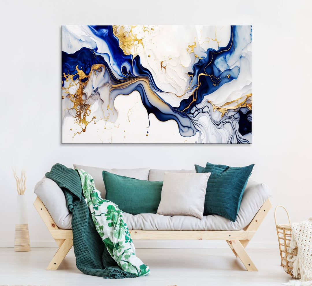 Golden Cascades on Midnight Blue – Deep Blue Abstract Wall Art Flowing Elegance | Wall Art Canvas, Framed & Ready to Hang