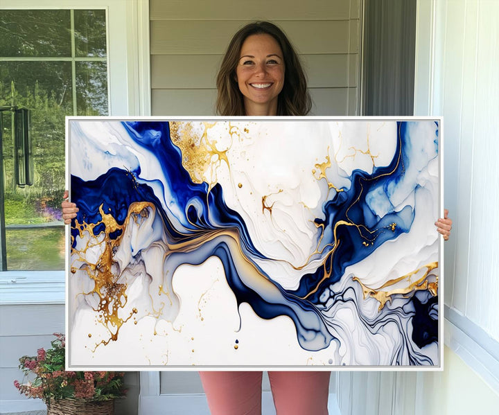 93392-MGV-CV-36X24-Golden Cascades on Midnight Blue – Deep Blue Abstract Wall Art Flowing Elegance | Wall Art Canvas, Framed & Ready to Hang