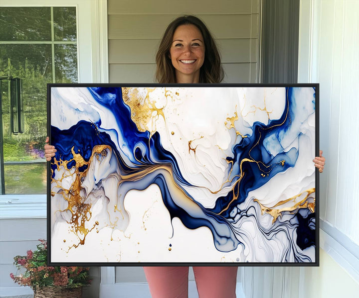 93392-MGV-CV-36X24-Golden Cascades on Midnight Blue – Deep Blue Abstract Wall Art Flowing Elegance | Wall Art Canvas, Framed & Ready to Hang