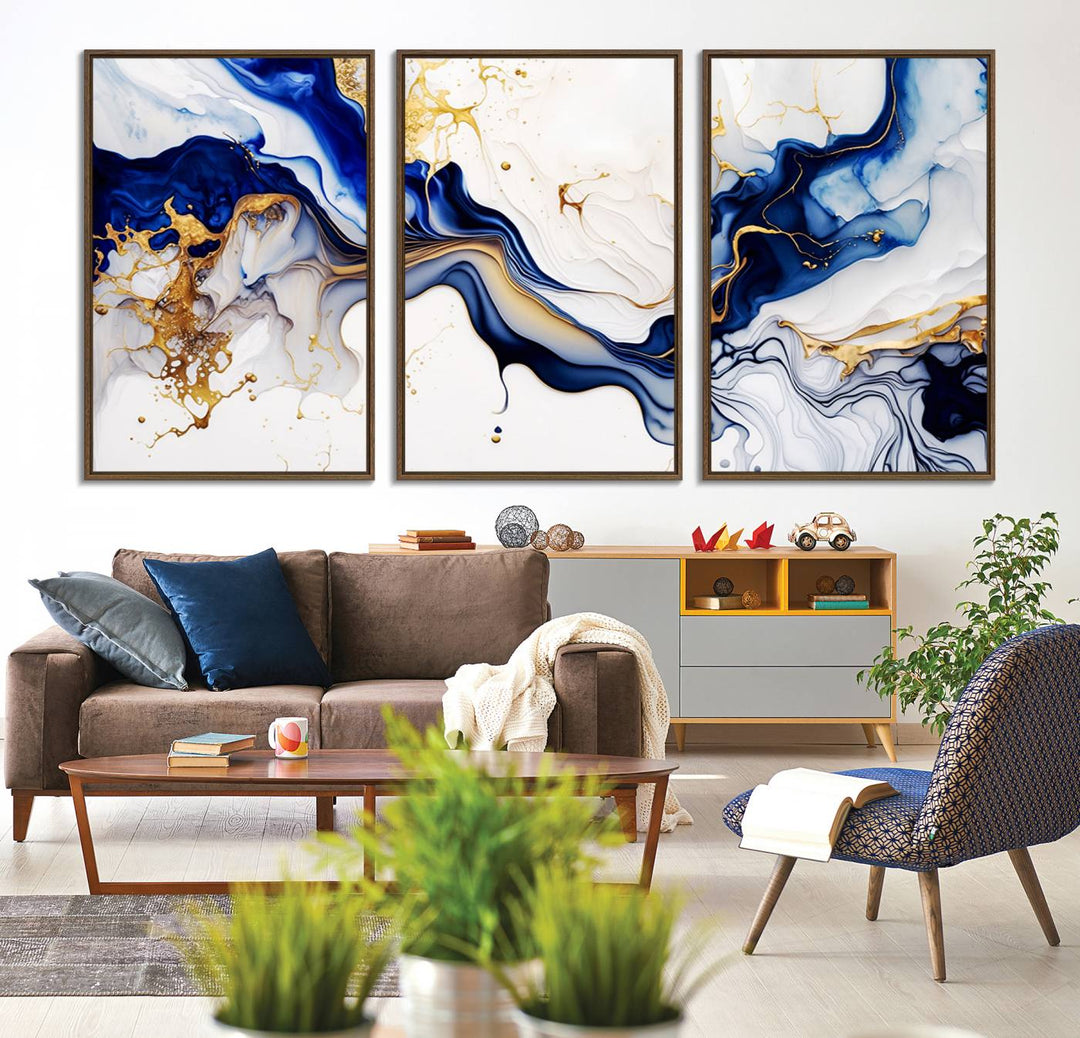 93392-MGV-CV-36X24-Golden Cascades on Midnight Blue – Deep Blue Abstract Wall Art Flowing Elegance | Wall Art Canvas, Framed & Ready to Hang