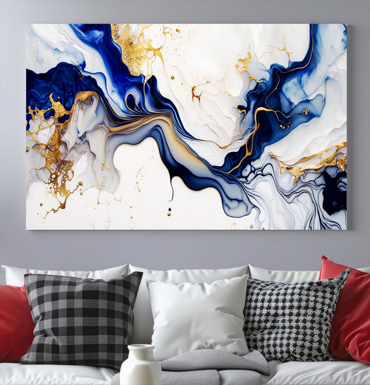 Golden Cascades on Midnight Blue – Deep Blue Abstract Wall Art Flowing Elegance | Wall Art Canvas, Framed & Ready to Hang
