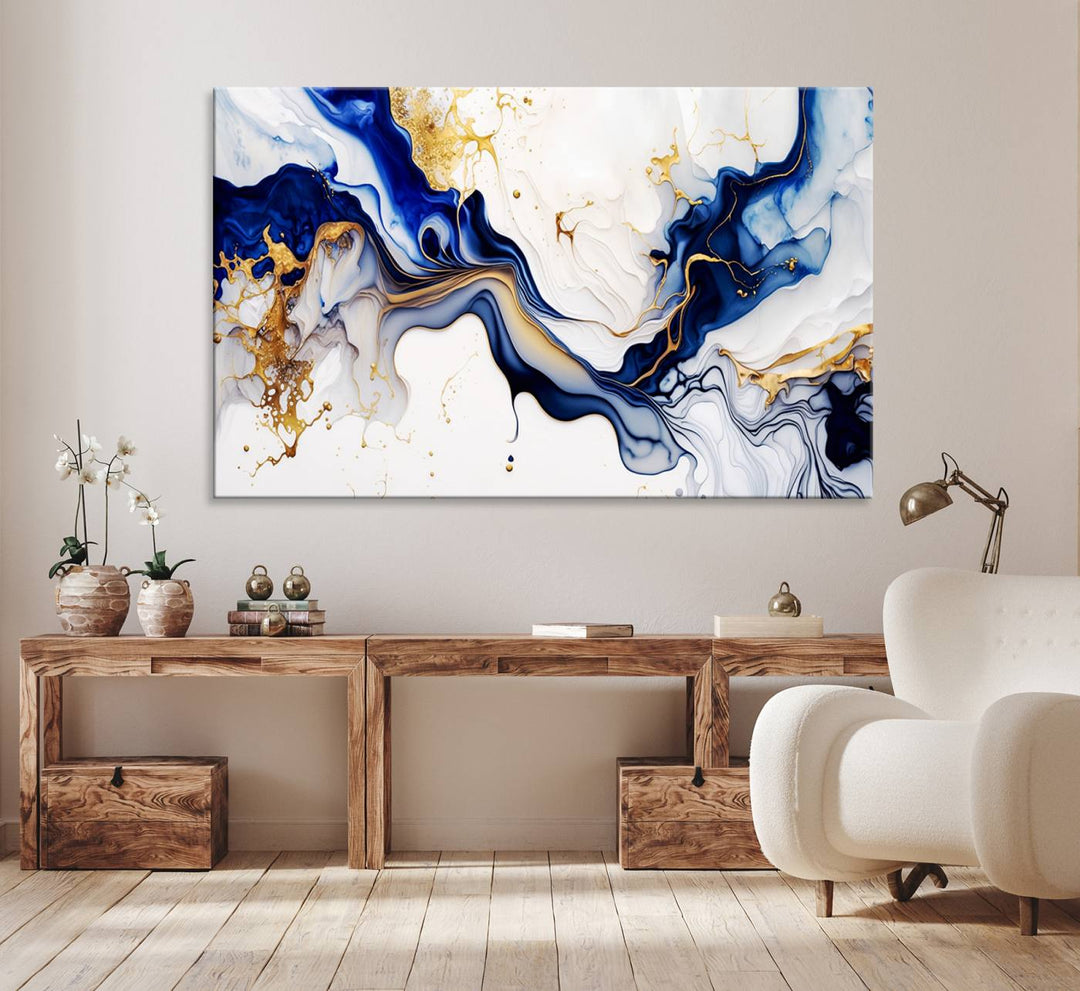 Golden Cascades on Midnight Blue – Deep Blue Abstract Wall Art Flowing Elegance | Wall Art Canvas, Framed & Ready to Hang