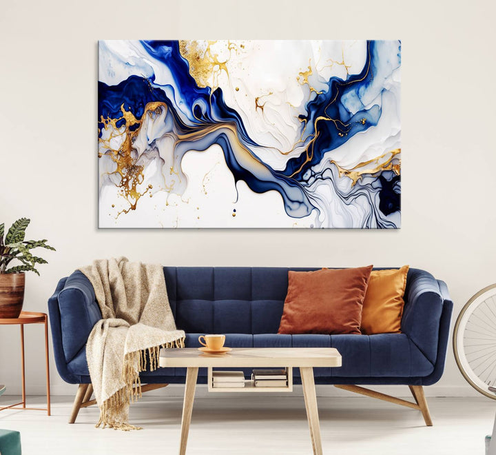 Golden Cascades on Midnight Blue – Deep Blue Abstract Wall Art Flowing Elegance | Wall Art Canvas, Framed & Ready to Hang