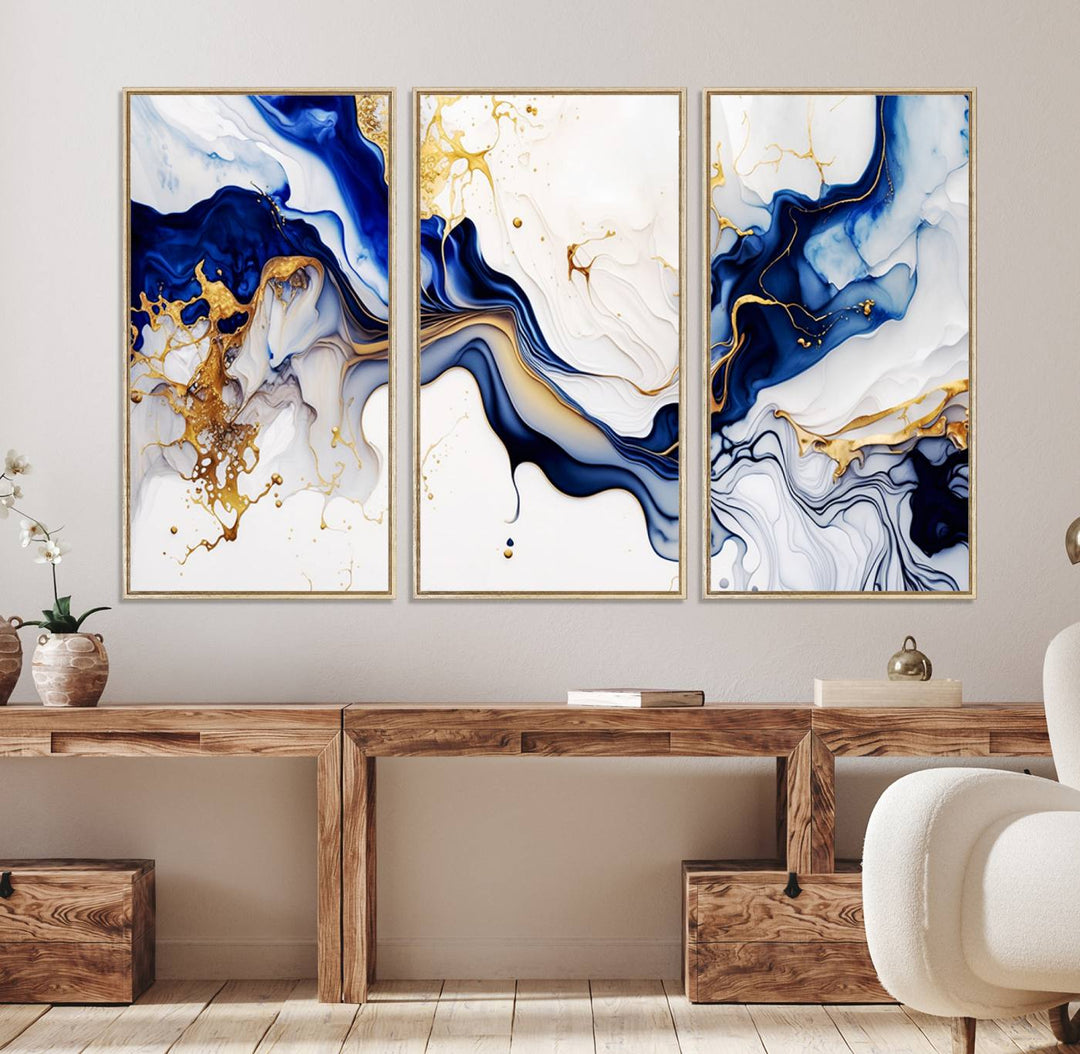 93392-MGV-FC-48X32-3P_Natural-Golden Cascades on Midnight Blue – Deep Blue Abstract Wall Art Flowing Elegance | Wall Art Canvas, Framed & Ready to Hang
