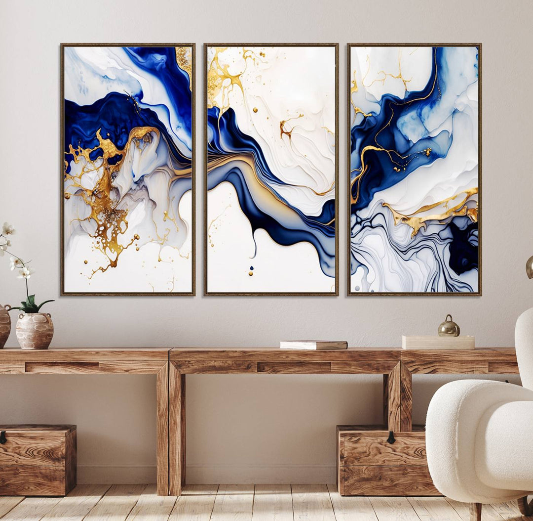 93392-MGV-FC-48X32-3P_Walnut-Golden Cascades on Midnight Blue – Deep Blue Abstract Wall Art Flowing Elegance | Wall Art Canvas, Framed & Ready to Hang