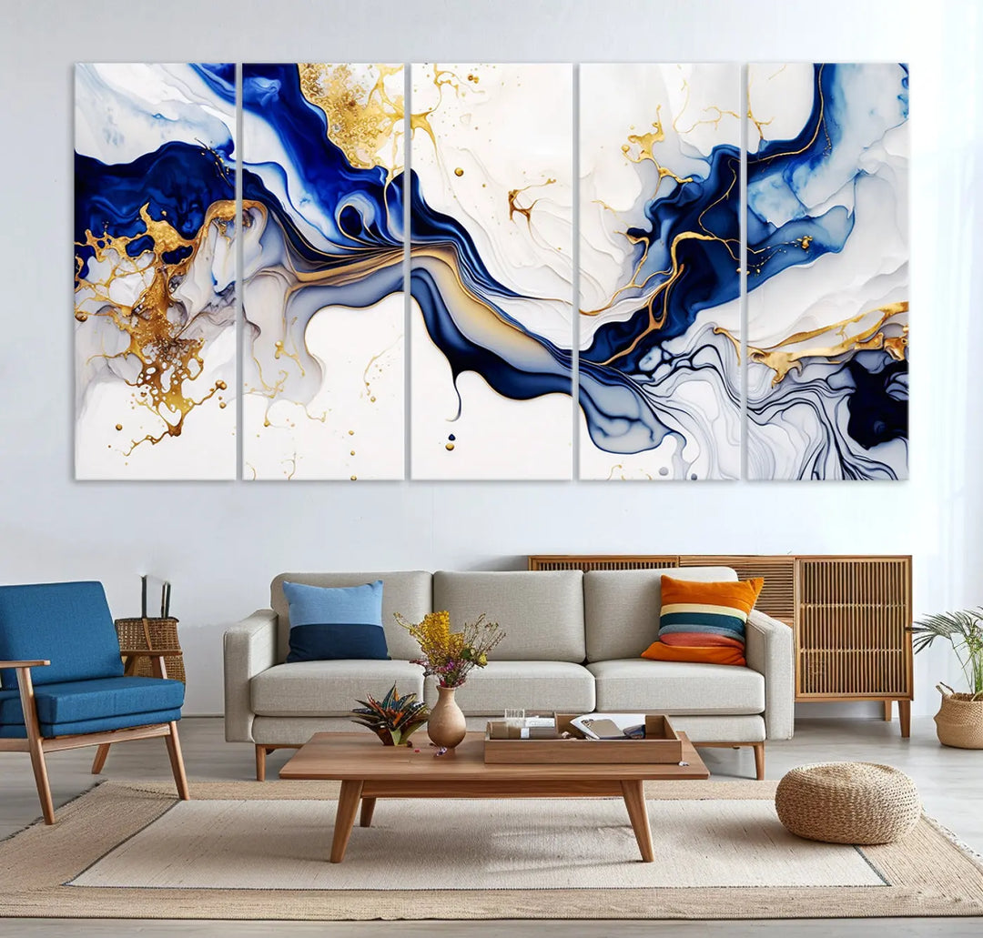 Enhance your modern home decor with the "Golden Cascades on Midnight Blue – Abstract Flowing Elegance" wall art canvas. This stunning piece features dynamic blue, gold, and white patterns. The triptych design comes framed and ready to hang, infusing any space with artistic expression.