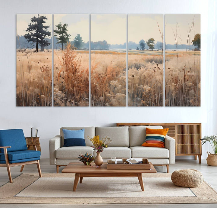 Golden Fields Canvas Wall Art Print – Serene Landscape of Nature’s Tranquility in Minimalist Modern Decor