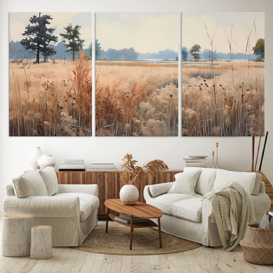 Golden Fields Canvas Wall Art Print – Serene Landscape of Nature’s Tranquility in Minimalist Modern Decor