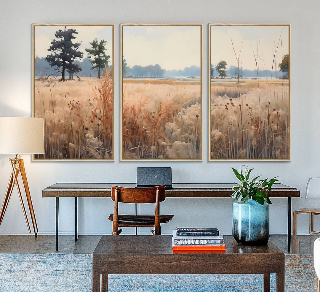 98822-MGV-FC-48X32-3P_Natural-Golden Fields Canvas Wall Art Print – Serene Landscape of Nature’s Tranquility in Minimalist Modern Decor