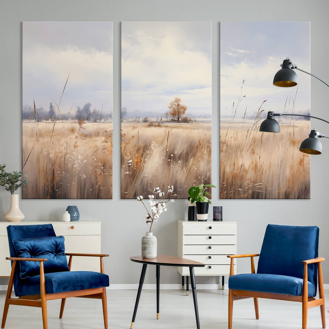 Golden Fields Wall Art Print Canvas – Serene Landscape of Nature’s Tranquility in Minimalist for Farmhouse Decor