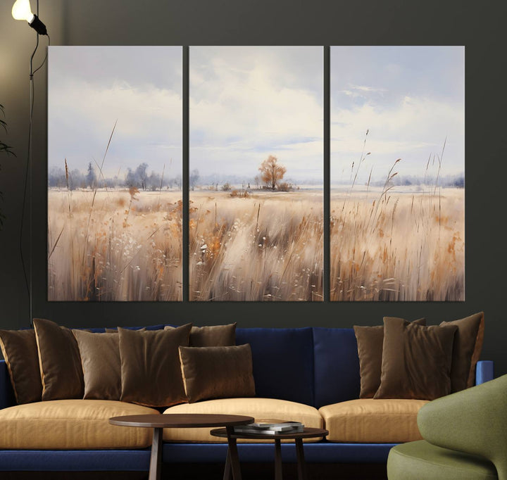 Golden Fields Wall Art Print Canvas – Serene Landscape of Nature’s Tranquility in Minimalist for Farmhouse Decor