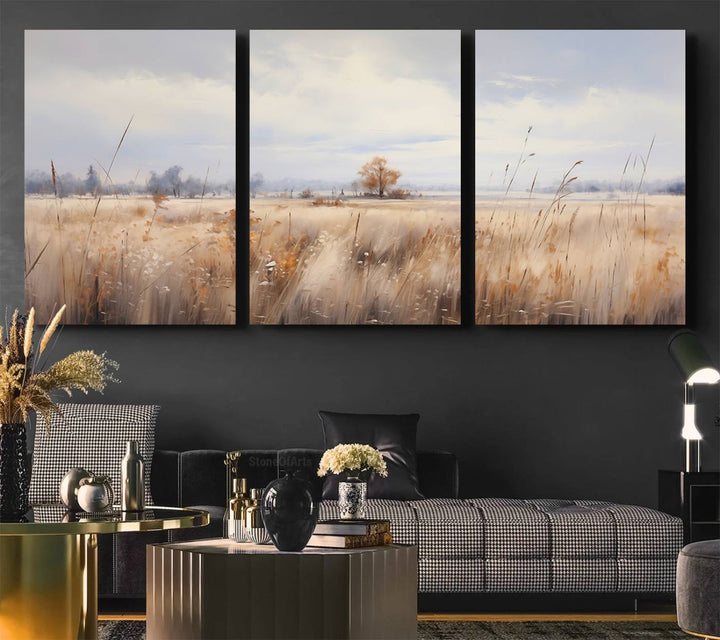 Golden Fields Wall Art Print Canvas – Serene Landscape of Nature’s Tranquility in Minimalist for Farmhouse Decor