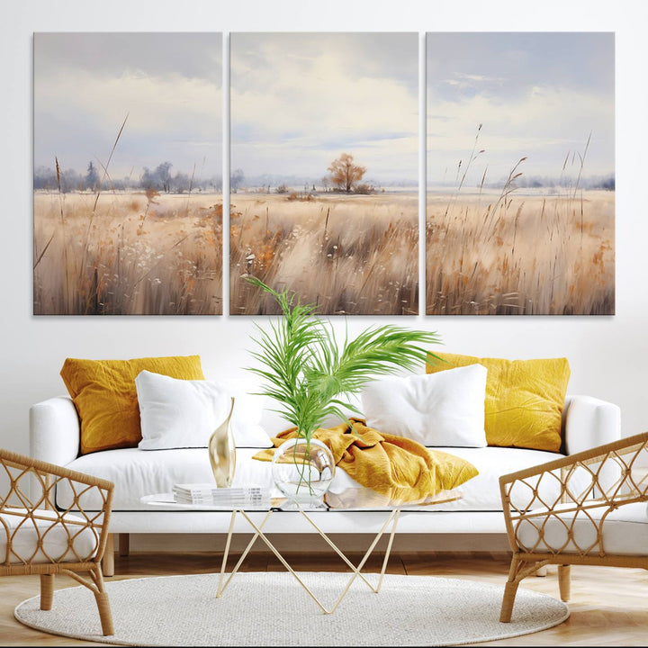 Golden Fields Wall Art Print Canvas – Serene Landscape of Nature’s Tranquility in Minimalist for Farmhouse Decor