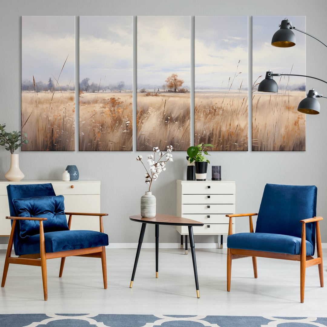 Golden Fields Wall Art Print Canvas – Serene Landscape of Nature’s Tranquility in Minimalist for Farmhouse Decor
