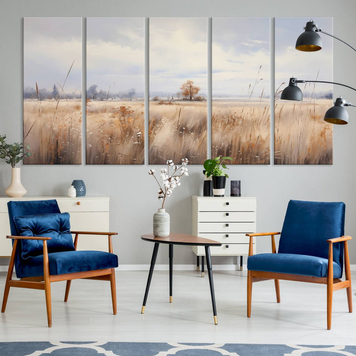 Golden Fields Wall Art Print Canvas – Serene Landscape of Nature’s Tranquility in Minimalist for Farmhouse Decor