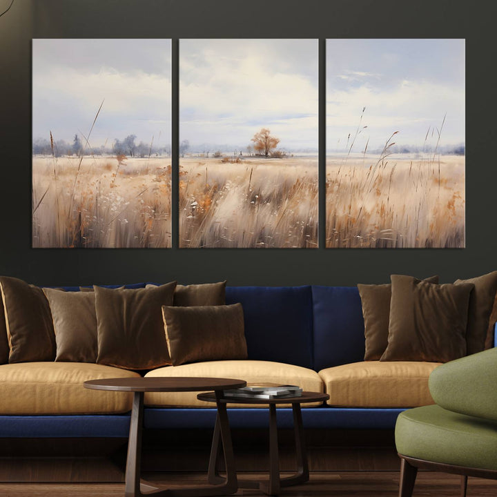 Golden Fields Wall Art Print Canvas – Serene Landscape of Nature’s Tranquility in Minimalist for Farmhouse Decor