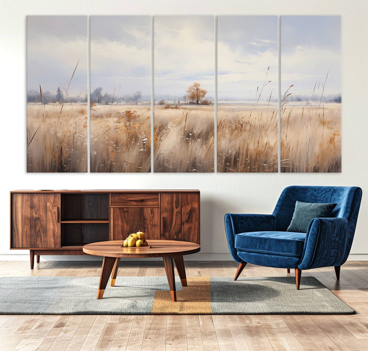 Golden Fields Wall Art Print Canvas – Serene Landscape of Nature’s Tranquility in Minimalist for Farmhouse Decor