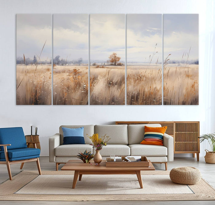 Golden Fields Wall Art Print Canvas – Serene Landscape of Nature’s Tranquility in Minimalist for Farmhouse Decor