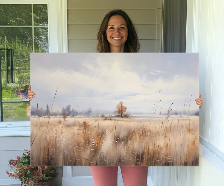 Golden Fields Wall Art Print Canvas – Serene Landscape of Nature’s Tranquility in Minimalist for Farmhouse Decor