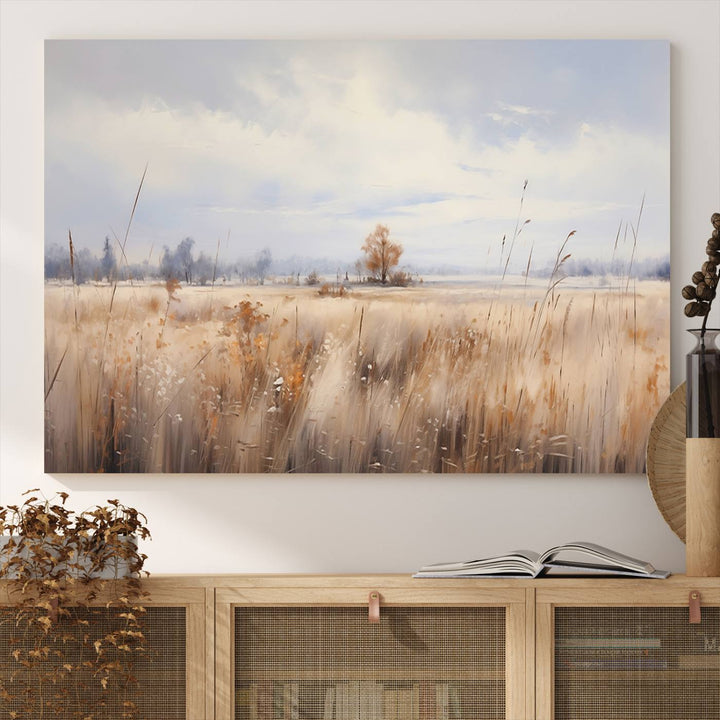Golden Fields Wall Art Print Canvas – Serene Landscape of Nature’s Tranquility in Minimalist for Farmhouse Decor