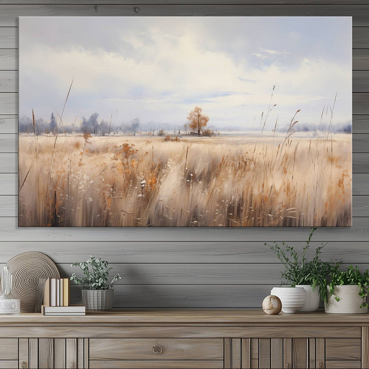 Golden Fields Wall Art Print Canvas – Serene Landscape of Nature’s Tranquility in Minimalist for Farmhouse Decor