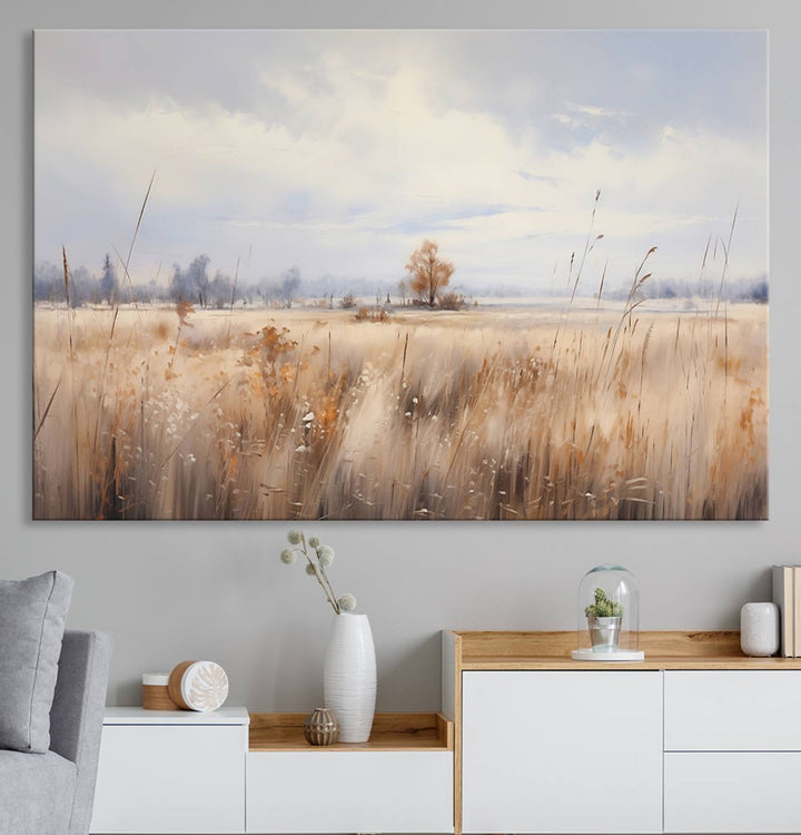 Golden Fields Wall Art Print Canvas – Serene Landscape of Nature’s Tranquility in Minimalist for Farmhouse Decor