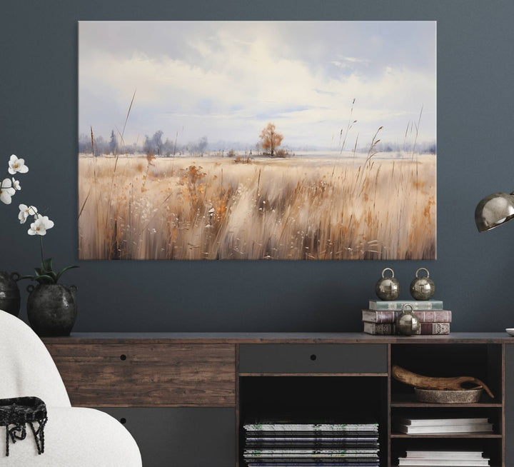 Golden Fields Wall Art Print Canvas – Serene Landscape of Nature’s Tranquility in Minimalist for Farmhouse Decor