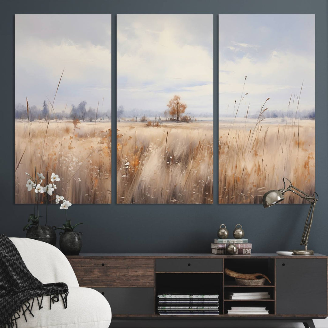 Golden Fields Wall Art Print Canvas – Serene Landscape of Nature’s Tranquility in Minimalist for Farmhouse Decor