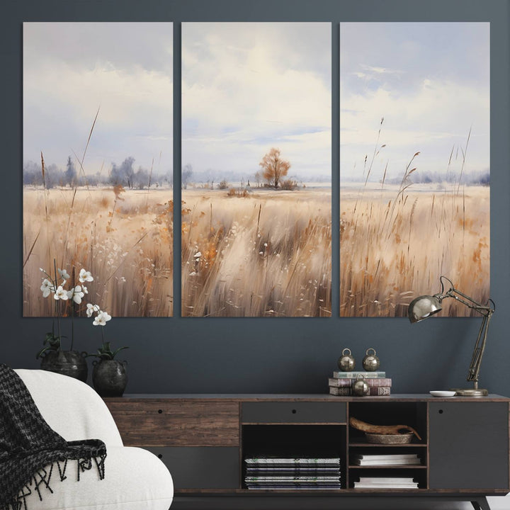 Golden Fields Wall Art Print Canvas – Serene Landscape of Nature’s Tranquility in Minimalist for Farmhouse Decor