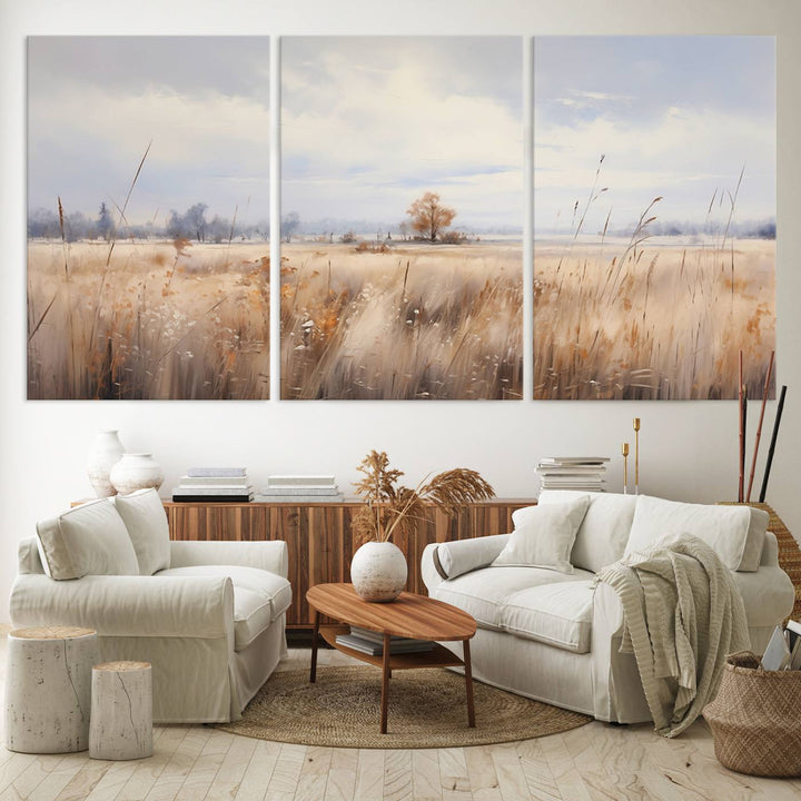 Golden Fields Wall Art Print Canvas – Serene Landscape of Nature’s Tranquility in Minimalist for Farmhouse Decor