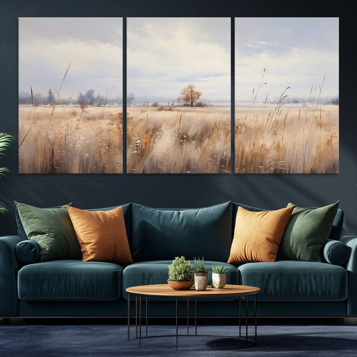 Golden Fields Wall Art Print Canvas – Serene Landscape of Nature’s Tranquility in Minimalist for Farmhouse Decor