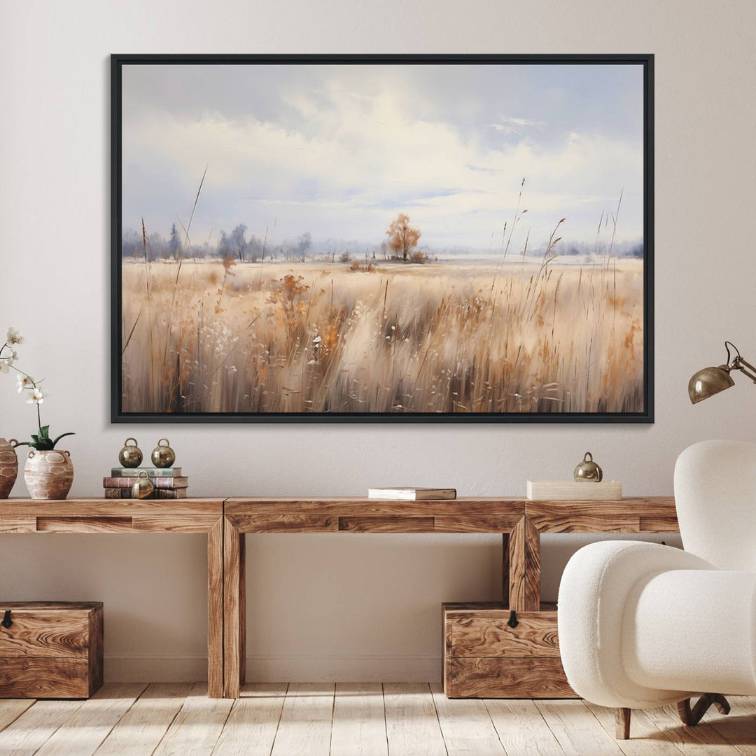 Golden Fields Wall Art Print Canvas – Serene Landscape of Nature’s Tranquility in Minimalist for Farmhouse Decor