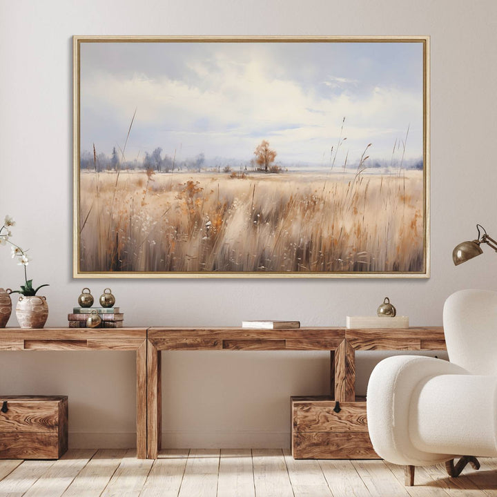 Golden Fields Wall Art Print Canvas – Serene Landscape of Nature’s Tranquility in Minimalist for Farmhouse Decor