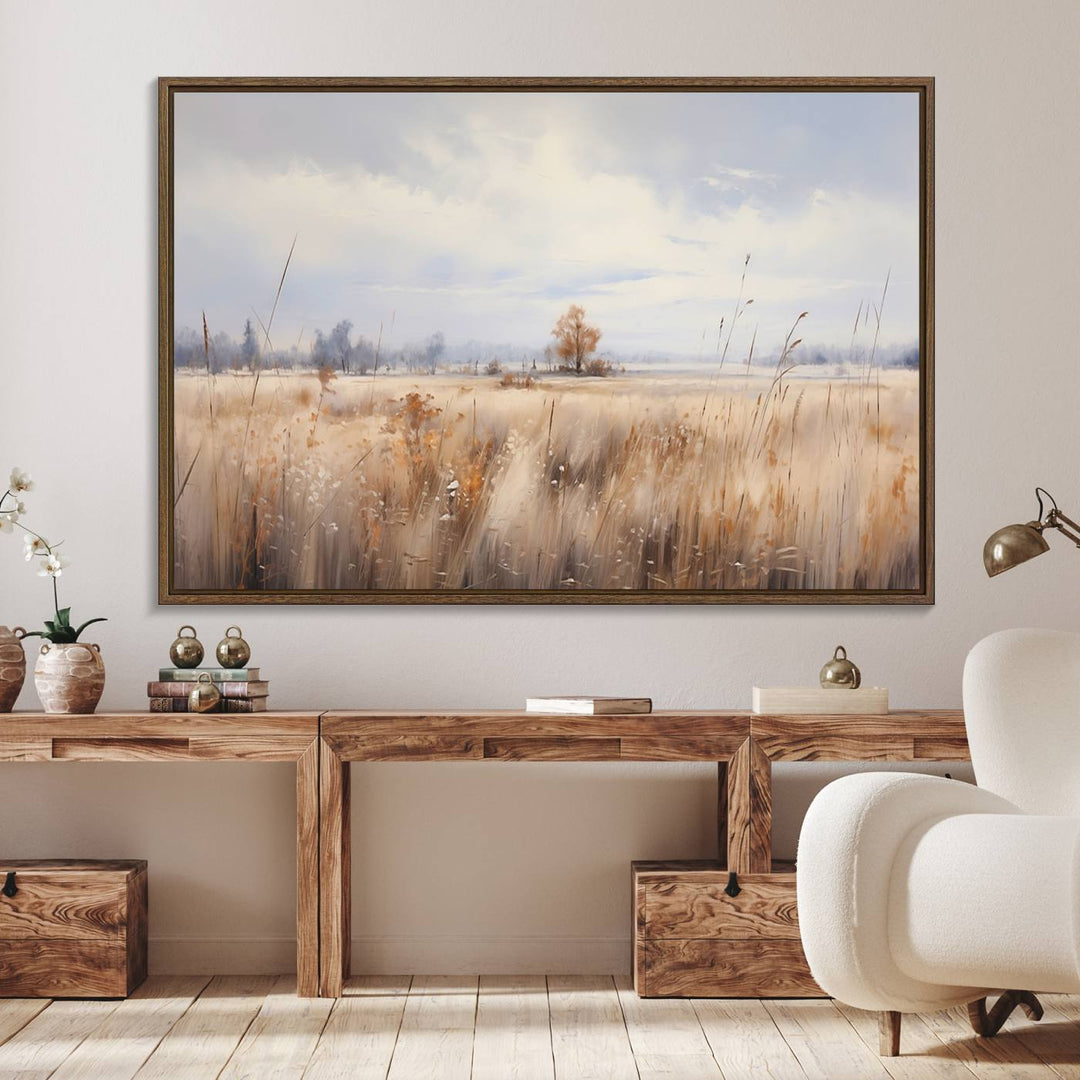Golden Fields Wall Art Print Canvas – Serene Landscape of Nature’s Tranquility in Minimalist for Farmhouse Decor