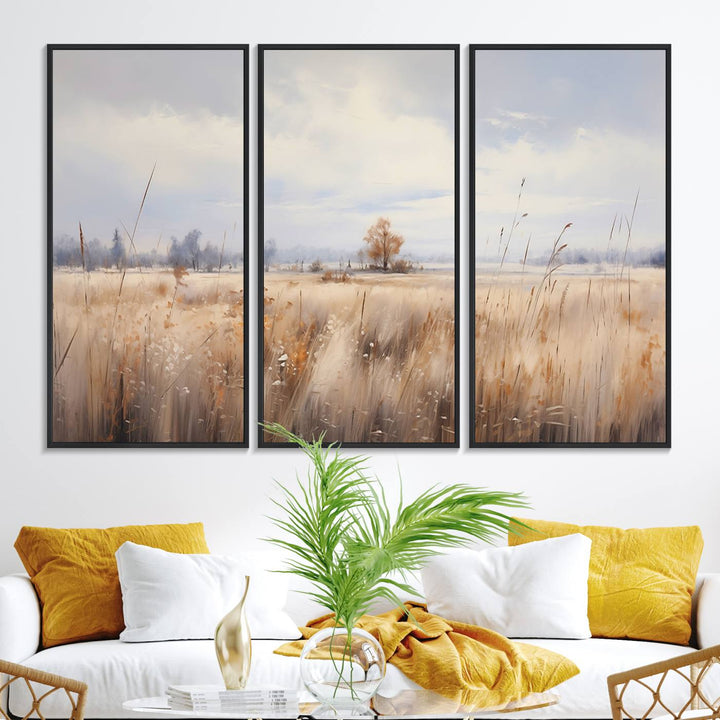 58162-MGV-FC-48X32-3P_Black-Golden Fields Wall Art Print Canvas – Serene Landscape of Nature’s Tranquility in Minimalist for Farmhouse Decor