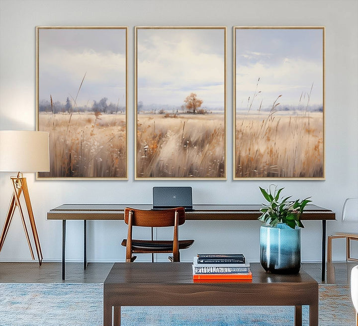 58162-MGV-FC-48X32-3P_Natural-Golden Fields Wall Art Print Canvas – Serene Landscape of Nature’s Tranquility in Minimalist for Farmhouse Decor