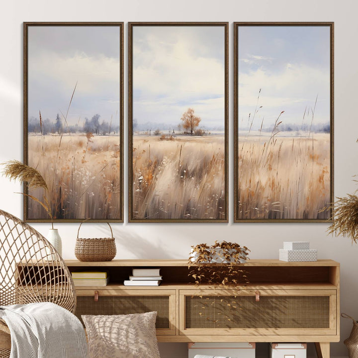 58162-MGV-FC-48X32-3P_Walnut-Golden Fields Wall Art Print Canvas – Serene Landscape of Nature’s Tranquility in Minimalist for Farmhouse Decor