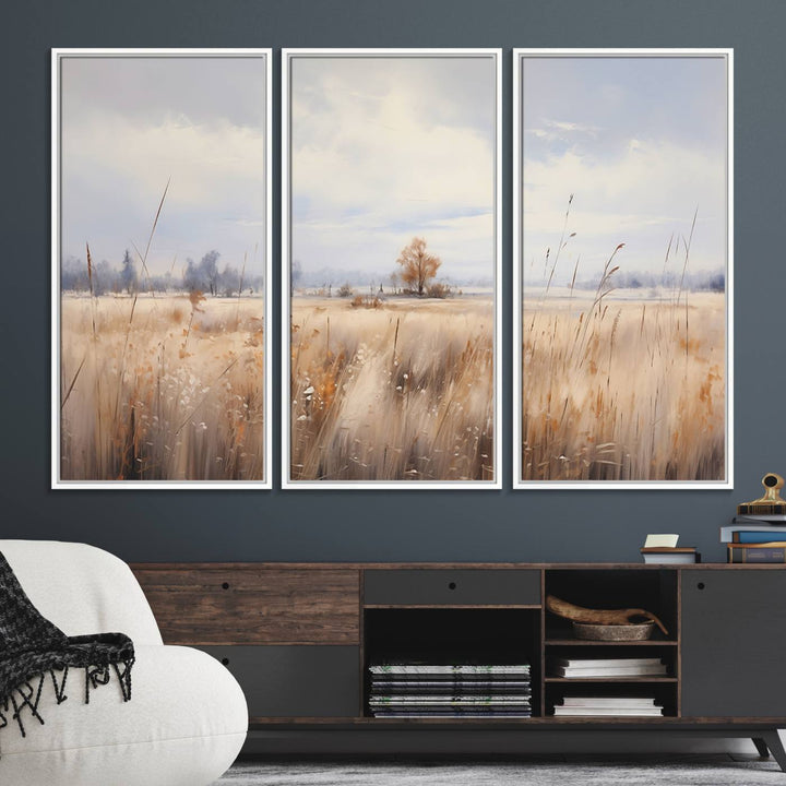 58162-MGV-FC-48X32-3P_White-Golden Fields Wall Art Print Canvas – Serene Landscape of Nature’s Tranquility in Minimalist for Farmhouse Decor