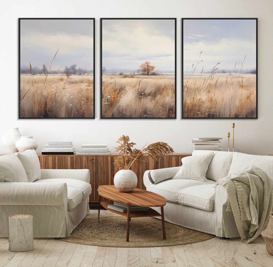 58162-MGV-FC-60X30-3P_Black-Golden Fields Wall Art Print Canvas – Serene Landscape of Nature’s Tranquility in Minimalist for Farmhouse Decor